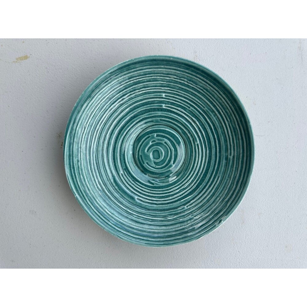 Signed Tom Melin Handcrafted Concentric Spiral Ceramic Platter Bowl Pottery